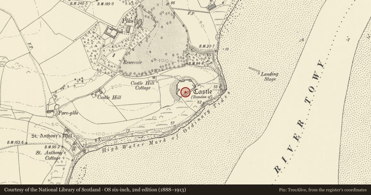 Ordnance Survey six-inch map, 2nd edition (1888–1913) covering the location of Castell Llansteffan, Carmarthenshire, with a pin at the register's coordinates