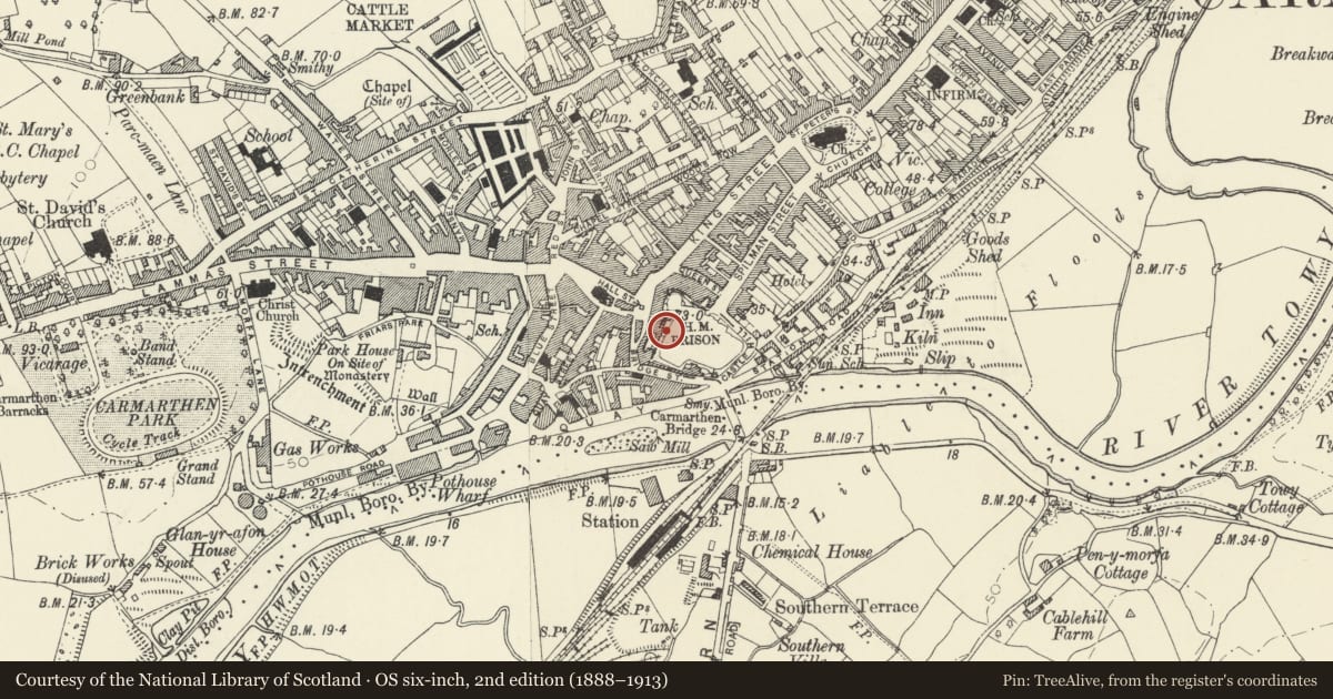 Ordnance Survey six-inch map, 2nd edition (1888–1913) covering the location of Carmarthen Castle, Carmarthenshire, with a pin at the register's coordinates
