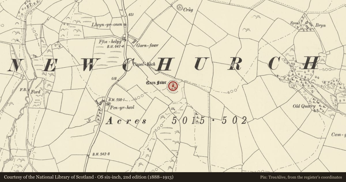 Ordnance Survey six-inch map, 2nd edition (1888–1913) covering the location of Garn-Fawr Castle Mound, Newchurch and Merthyr, Carmarthenshire, with a pin at the register's coordinates