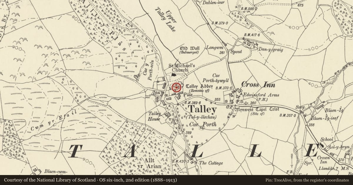 Ordnance Survey six-inch map, 2nd edition (1888–1913) covering the location of Talley Abbey, Carmarthenshire, with a pin at the register's coordinates