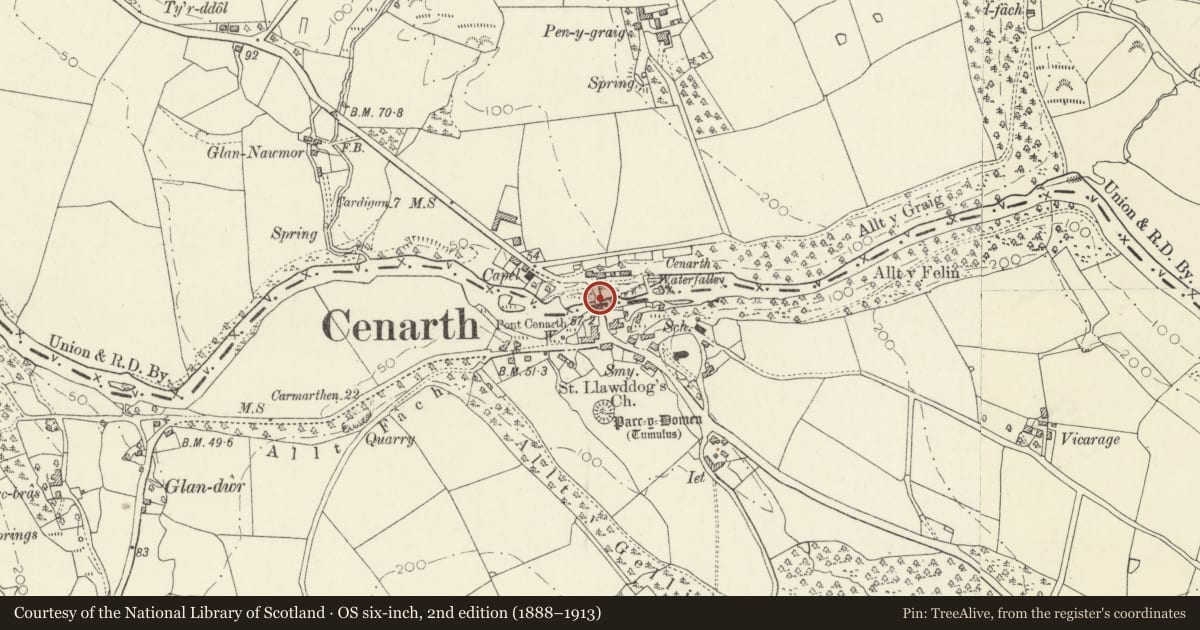 Ordnance Survey six-inch map, 2nd edition (1888–1913) covering the location of Cenarth Bridge, Carmarthenshire, with a pin at the register's coordinates