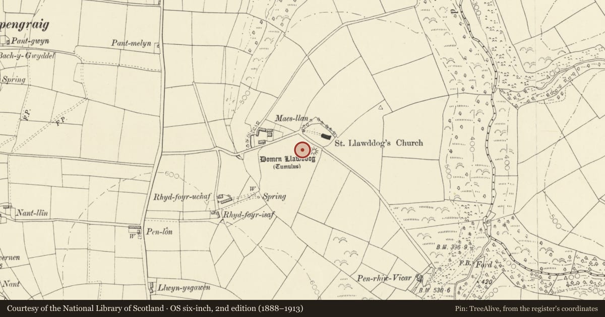 Ordnance Survey six-inch map, 2nd edition (1888–1913) covering the location of Domen Llawddog (Or Tomen Maesllan) Mound & Bailey Castle, Llangeler, Carmarthenshire, with a pin at the register's coordinates