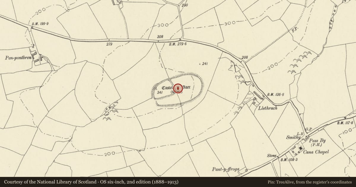 Ordnance Survey six-inch map, 2nd edition (1888–1913) covering the location of Castell-y-Gaer, Newchurch and Merthyr, Carmarthenshire, with a pin at the register's coordinates