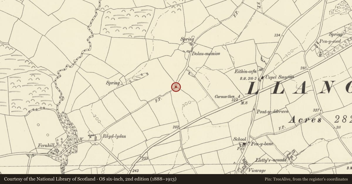 Ordnance Survey six-inch map, 2nd edition (1888–1913) covering the location of Rhyd-Lydan Cromlech, Llangain, Carmarthenshire, with a pin at the register's coordinates