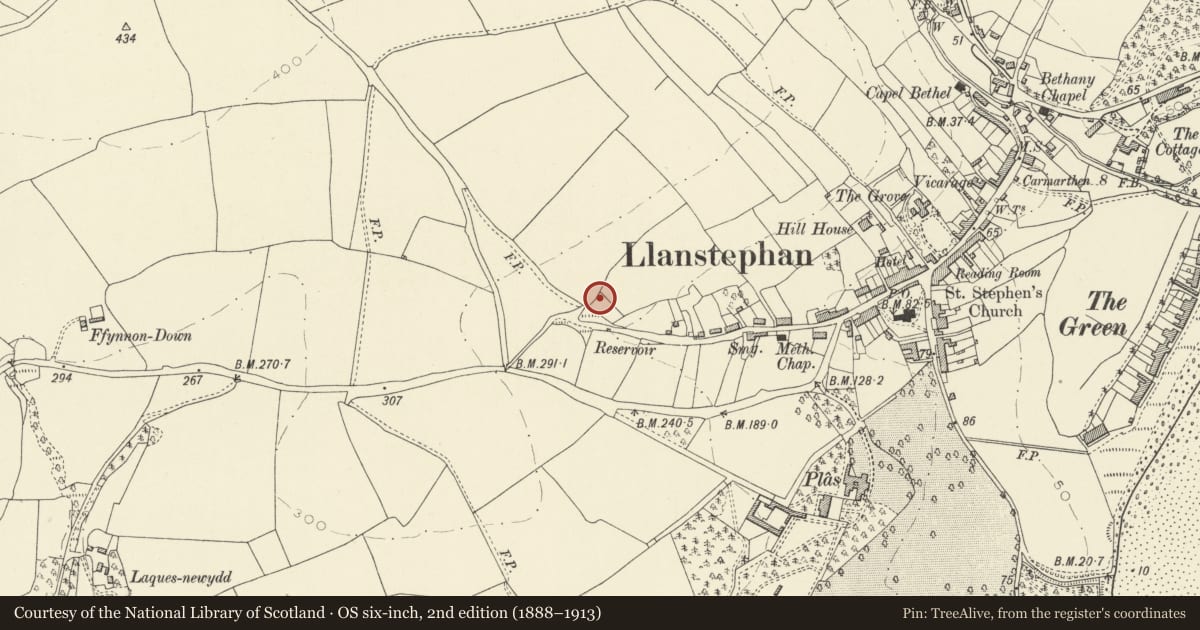 Ordnance Survey six-inch map, 2nd edition (1888–1913) covering the location of Fron Ucha Burial Chamber, Llansteffan, Carmarthenshire, with a pin at the register's coordinates