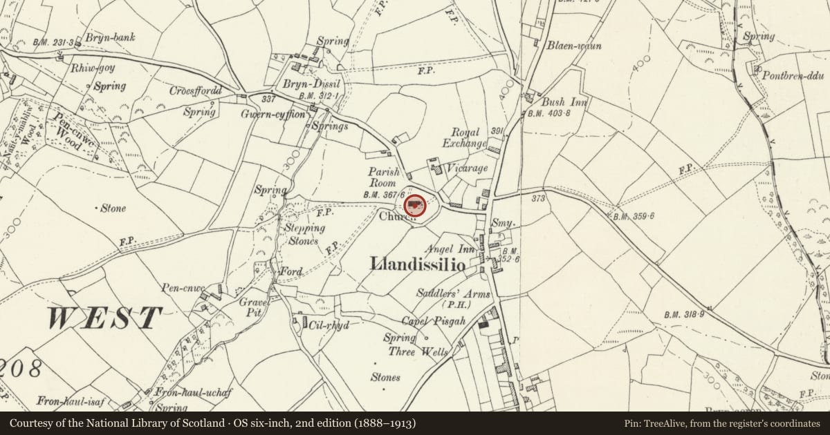 Ordnance Survey six-inch map, 2nd edition (1888–1913) covering the location of Inscribed Stone in outer face of wall of St Michael's Church (now in Llandissilio Church), Llandissilio West, Pembrokeshire, with a pin at the register's coordinates