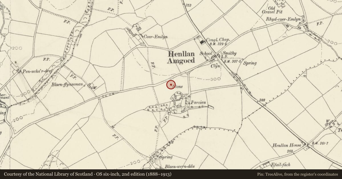 Ordnance Survey six-inch map, 2nd edition (1888–1913) covering the location of Inscribed Stone N of Parciau Farmhouse, Henllanfallteg, Carmarthenshire, with a pin at the register's coordinates