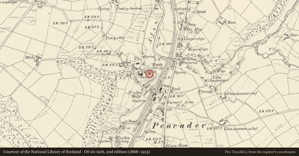 Ordnance Survey six-inch map, 2nd edition (1888–1913) covering the location of Castle Pencader, Llanfihangel-ar-Arth, Carmarthenshire, with a pin at the register's coordinates