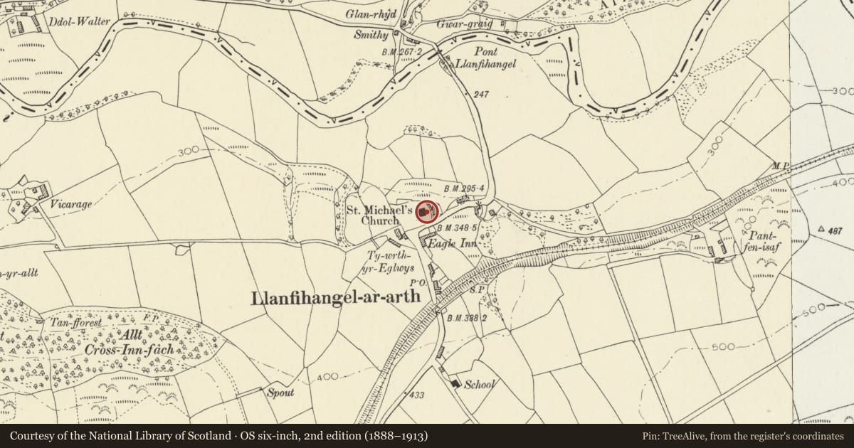 Ordnance Survey six-inch map, 2nd edition (1888–1913) covering the location of Inscribed Stone & Early Gravestones in St Michael's Church, Llanfihangel-ar-Arth, Carmarthenshire, with a pin at the register's coordinates