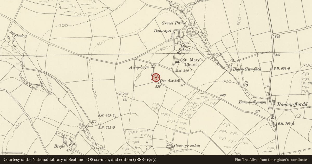 Ordnance Survey six-inch map, 2nd edition (1888–1913) covering the location of Pen Castell, Llangeler, Carmarthenshire, with a pin at the register's coordinates