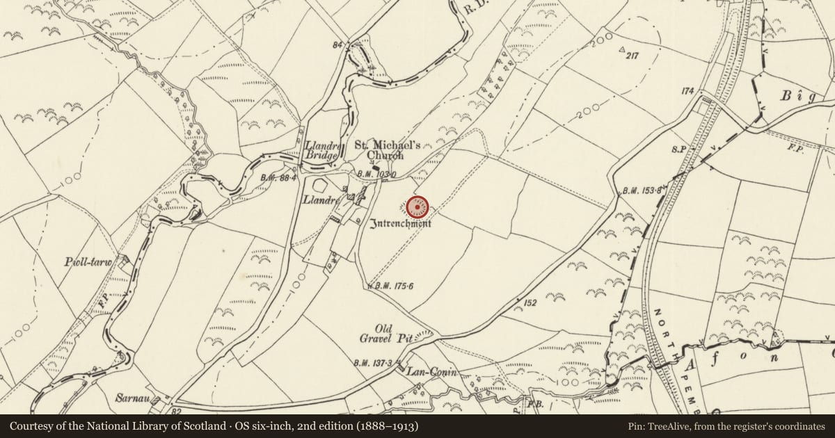 Ordnance Survey six-inch map, 2nd edition (1888–1913) covering the location of Llandre Entrenchment, Clynderwen, Carmarthenshire, with a pin at the register's coordinates