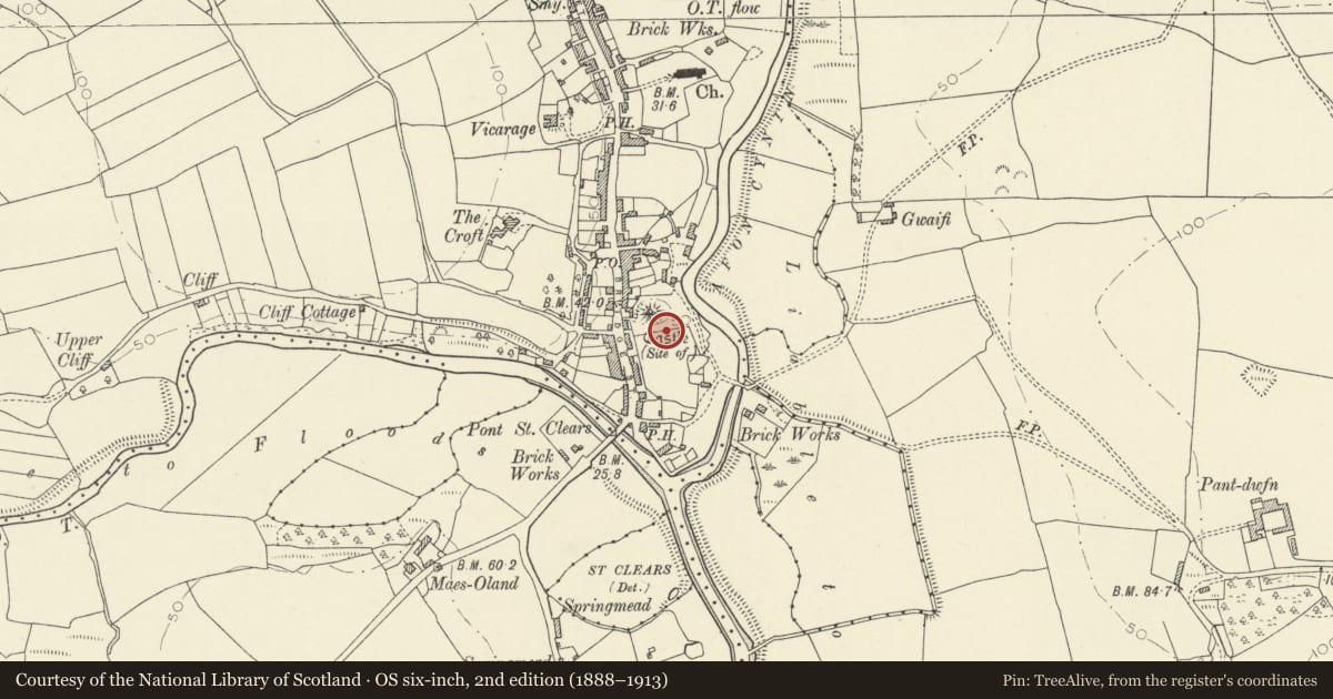 Ordnance Survey six-inch map, 2nd edition (1888–1913) covering the location of St Clears Mound and Bailey Castle, St. Clears, Carmarthenshire, with a pin at the register's coordinates