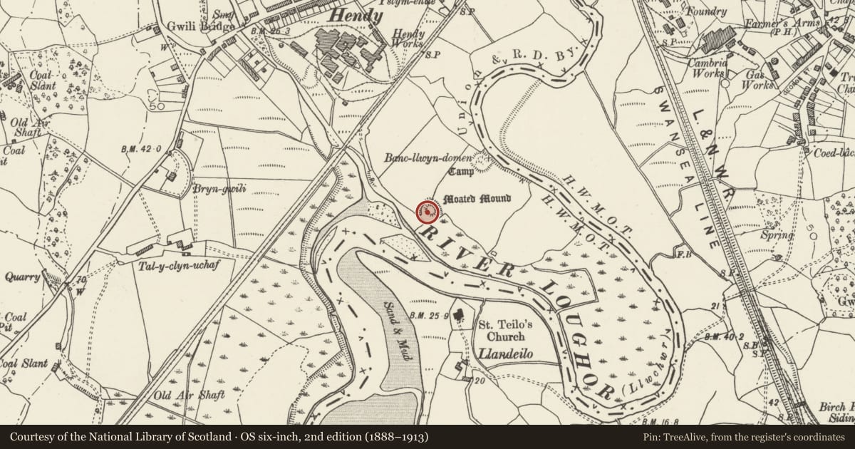 Ordnance Survey six-inch map, 2nd edition (1888–1913) covering the location of Hendy Castle Mound, Llanedi, Carmarthenshire, with a pin at the register's coordinates