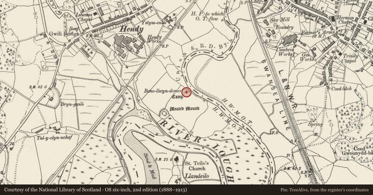Ordnance Survey six-inch map, 2nd edition (1888–1913) covering the location of Hendy Earthwork, Llanedi, Carmarthenshire, with a pin at the register's coordinates