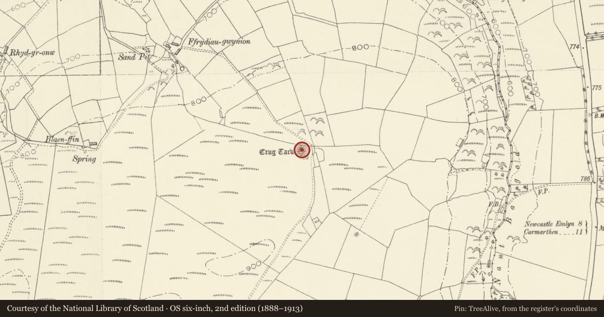 Ordnance Survey six-inch map, 2nd edition (1888–1913) covering the location of Crug Tarw, Llangeler, Carmarthenshire, with a pin at the register's coordinates