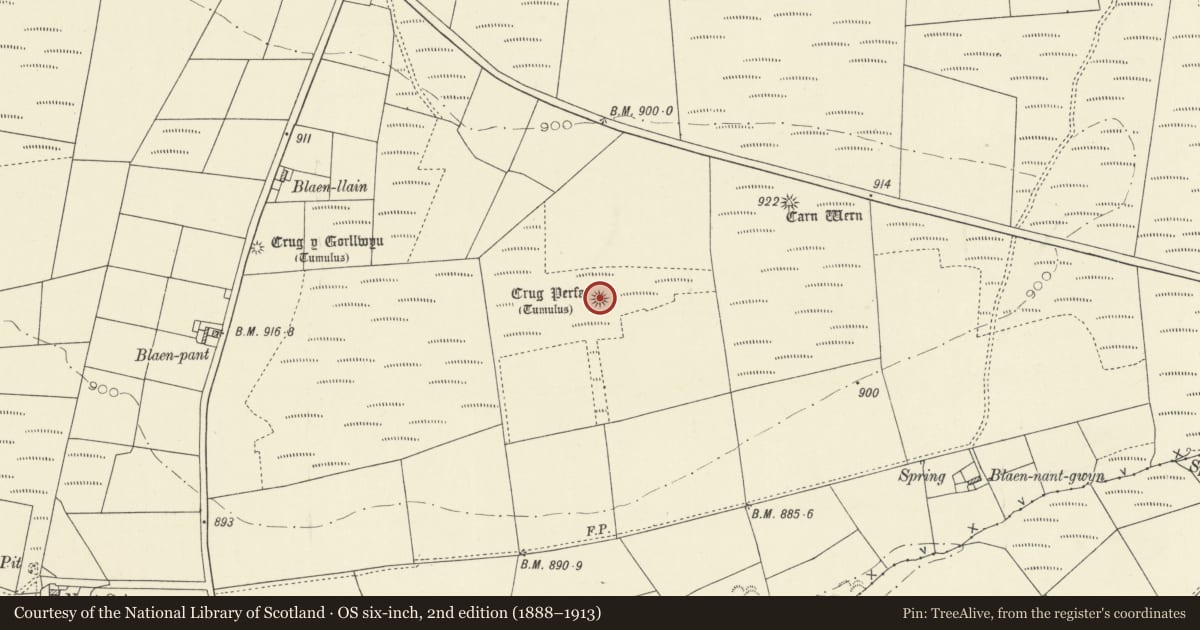 Ordnance Survey six-inch map, 2nd edition (1888–1913) covering the location of Crug Perfa Round Barrow, Llangeler, Carmarthenshire, with a pin at the register's coordinates