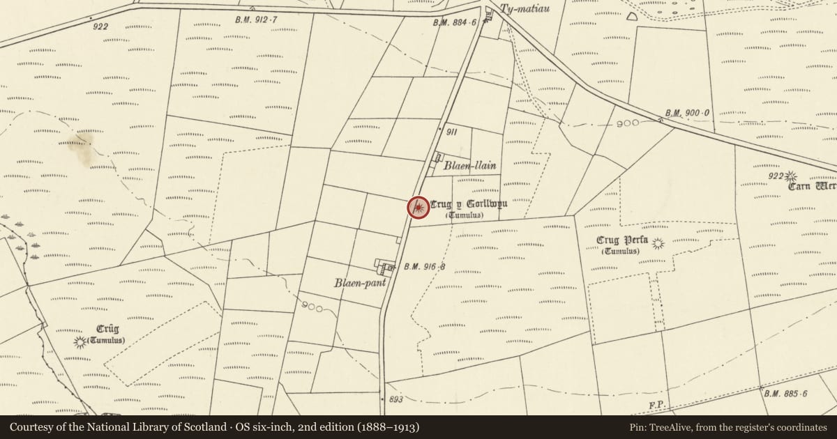 Ordnance Survey six-inch map, 2nd edition (1888–1913) covering the location of Crug y Gorllwyn Round Barrow, Llangeler, Carmarthenshire, with a pin at the register's coordinates