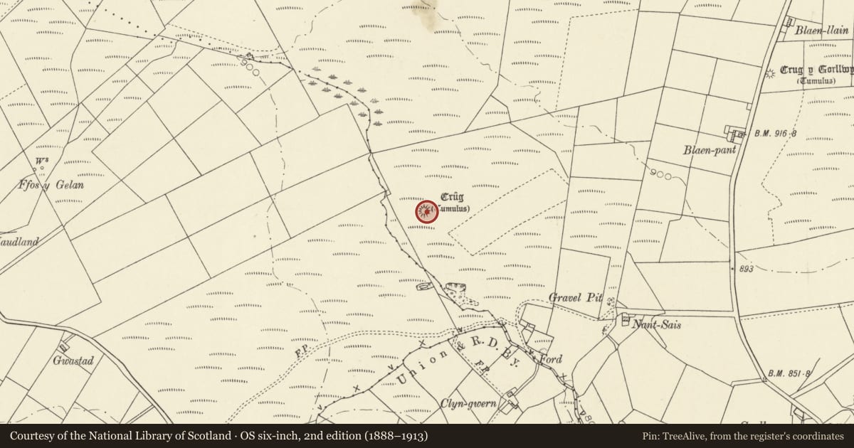 Ordnance Survey six-inch map, 2nd edition (1888–1913) covering the location of Nant Sais Round Barrow, Llangeler, Carmarthenshire, with a pin at the register's coordinates