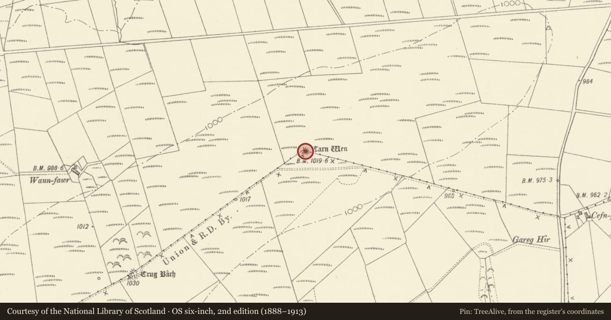 Ordnance Survey six-inch map, 2nd edition (1888–1913) covering the location of Carn Wen Round Barrow, Llangeler, Carmarthenshire, with a pin at the register's coordinates