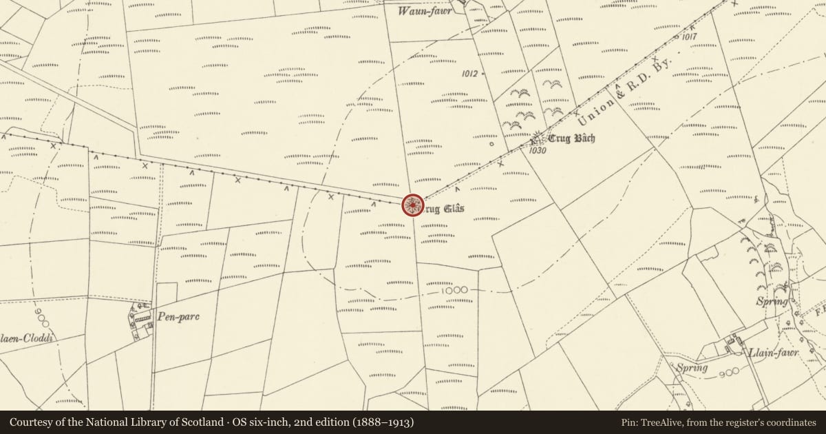 Ordnance Survey six-inch map, 2nd edition (1888–1913) covering the location of Crug Glas Round Barrow, Llangeler, Carmarthenshire, with a pin at the register's coordinates