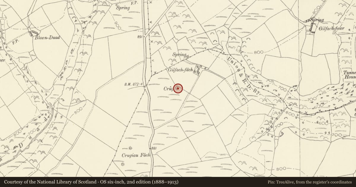 Ordnance Survey six-inch map, 2nd edition (1888–1913) covering the location of Gilfach-Fach Round Barrow, Llanpumsaint, Carmarthenshire, with a pin at the register's coordinates