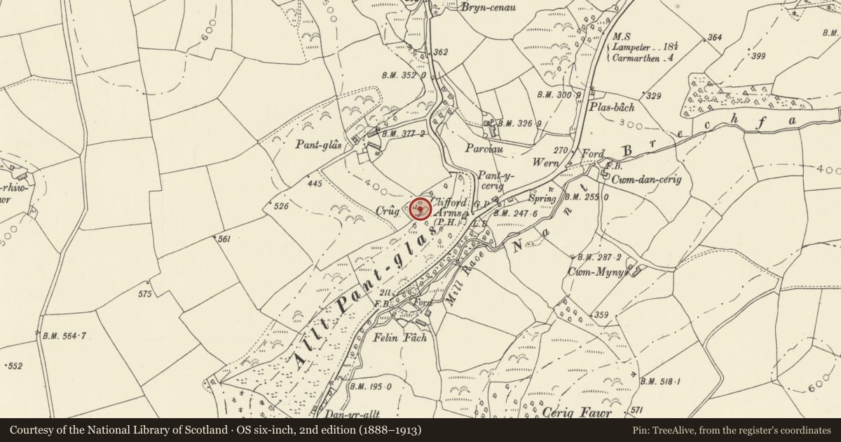 Ordnance Survey six-inch map, 2nd edition (1888–1913) covering the location of Pant-Glas Castle Mound, Llanpumsaint, Carmarthenshire, with a pin at the register's coordinates