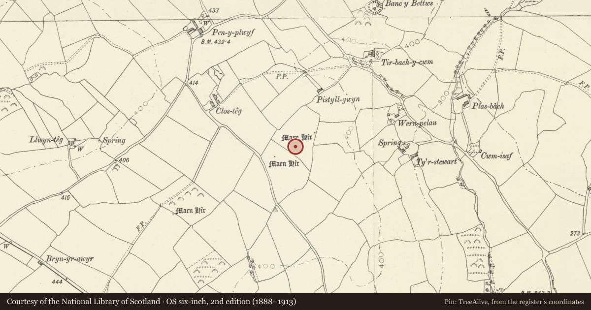 Ordnance Survey six-inch map, 2nd edition (1888–1913) covering the location of Clos-Teg Standing Stones, Llangyndeyrn, Carmarthenshire, with a pin at the register's coordinates