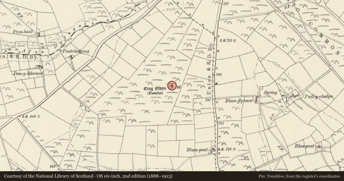 Ordnance Survey six-inch map, 2nd edition (1888–1913) covering the location of Crug Elwin Round Barrow, Llanboidy, Carmarthenshire, with a pin at the register's coordinates