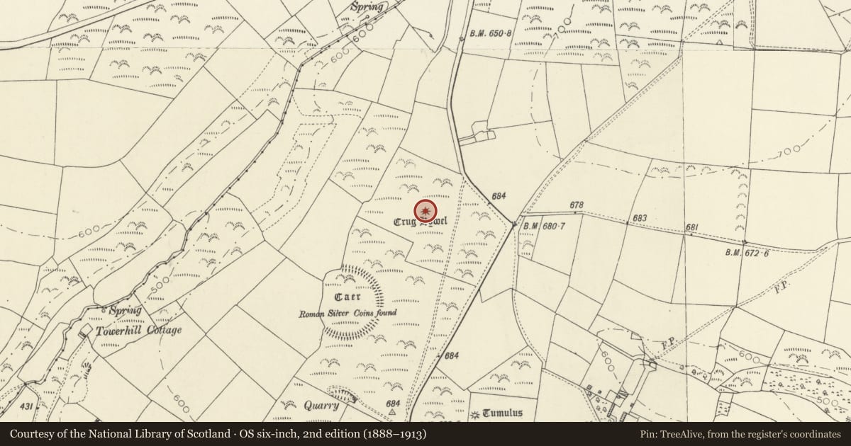 Ordnance Survey six-inch map, 2nd edition (1888–1913) covering the location of Crug Hywel Round Barrow, Llanboidy, Carmarthenshire, with a pin at the register's coordinates