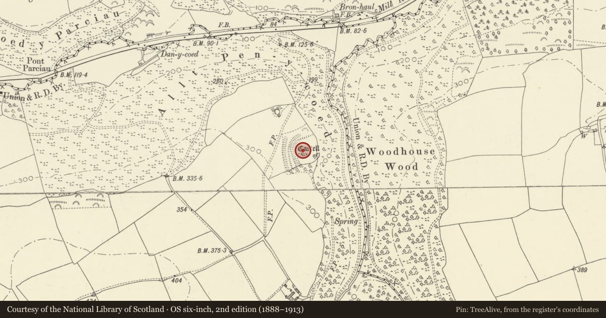 Ordnance Survey six-inch map, 2nd edition (1888–1913) covering the location of Pen-Coed Camp, Eglwyscummin, Carmarthenshire, with a pin at the register's coordinates