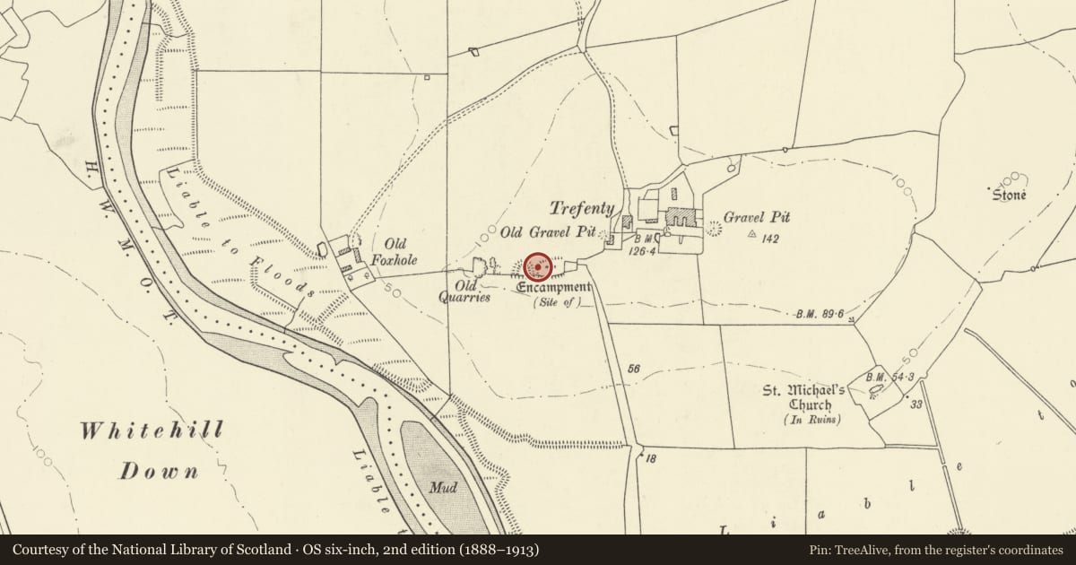 Ordnance Survey six-inch map, 2nd edition (1888–1913) covering the location of Trefenty Mound and Bailey Castle, St. Clears, Carmarthenshire, with a pin at the register's coordinates