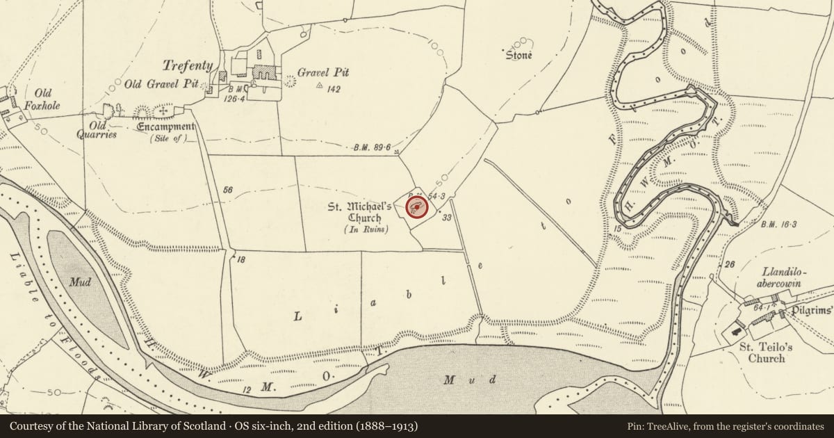 Ordnance Survey six-inch map, 2nd edition (1888–1913) covering the location of Llanfihangel Abercowin Old Parish Church & Norman Grave-Slabs, St. Clears, Carmarthenshire, with a pin at the register's coordinates