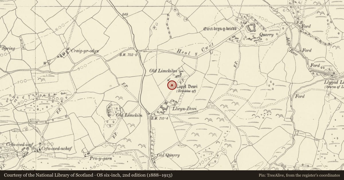 Ordnance Survey six-inch map, 2nd edition (1888–1913) covering the location of Capel Dewi, Cyngor Bro Dyffryn Cennen, Carmarthenshire, with a pin at the register's coordinates