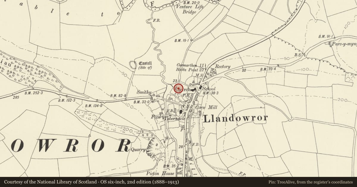 Ordnance Survey six-inch map, 2nd edition (1888–1913) covering the location of Cross-Incised Stones, Llanddowror, Carmarthenshire, with a pin at the register's coordinates