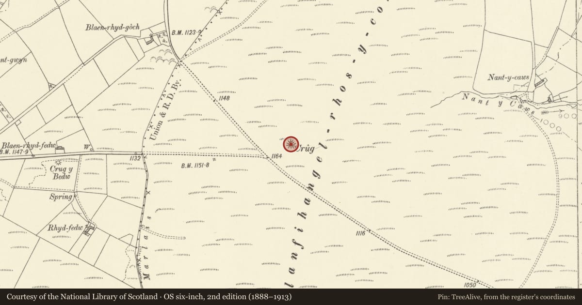 Ordnance Survey six-inch map, 2nd edition (1888–1913) covering the location of Mynydd Llanfihangel Rhos-y-Corn Round Barrow, Carmarthenshire, with a pin at the register's coordinates
