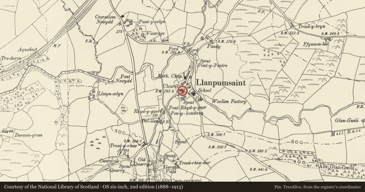 Ordnance Survey six-inch map, 2nd edition (1888–1913) covering the location of Cross-Incised Stone in Churchyard, Llanpumsaint, Carmarthenshire, with a pin at the register's coordinates