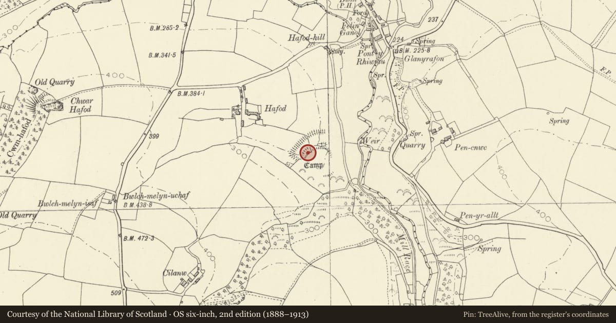 Ordnance Survey six-inch map, 2nd edition (1888–1913) covering the location of Hafod Camp, Llanboidy, Carmarthenshire, with a pin at the register's coordinates