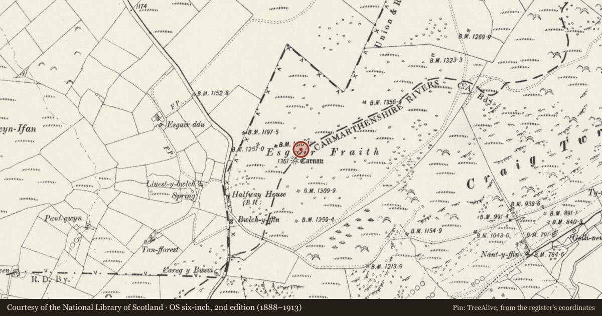 Ordnance Survey six-inch map, 2nd edition (1888–1913) covering the location of Esgair Ffraith Round Cairns, Cynwyl Gaeo, Carmarthenshire, with a pin at the register's coordinates