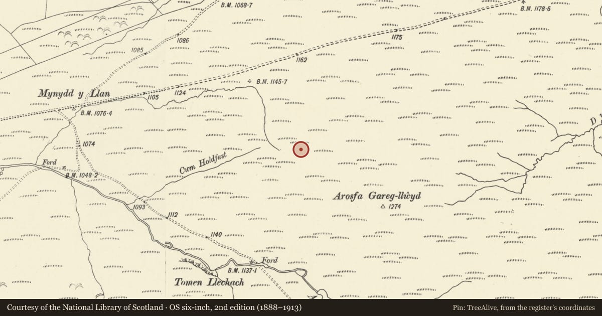 Ordnance Survey six-inch map, 2nd edition (1888–1913) covering the location of Arosfa Gareg-Llwyd Roman Camp, Llanddeusant, Carmarthenshire, with a pin at the register's coordinates