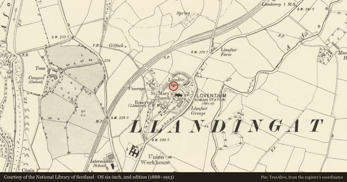 Ordnance Survey six-inch map, 2nd edition (1888–1913) covering the location of Llandovery Roman Site, Carmarthenshire, with a pin at the register's coordinates