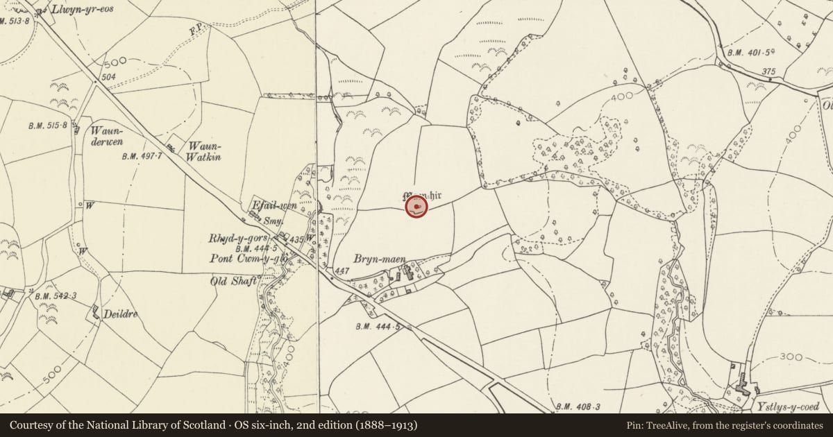Ordnance Survey six-inch map, 2nd edition (1888–1913) covering the location of Bryn Maen Standing Stone, Llannon, Carmarthenshire, with a pin at the register's coordinates
