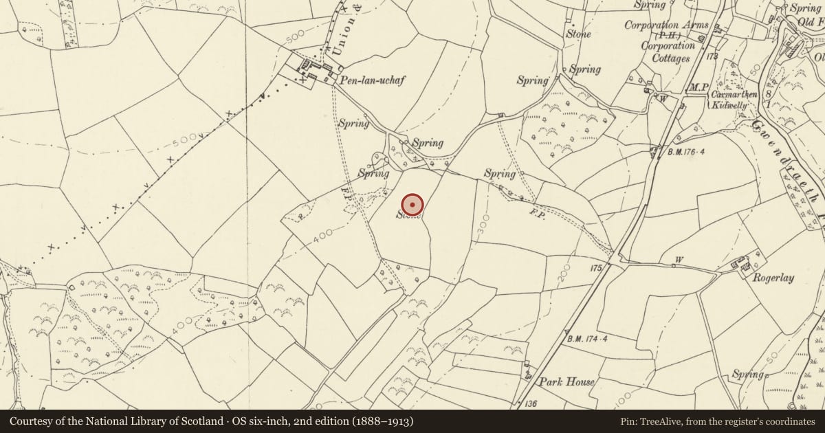 Ordnance Survey six-inch map, 2nd edition (1888–1913) covering the location of Pen-Lan-Uchaf Standing Stone, Kidwelly, Carmarthenshire, with a pin at the register's coordinates