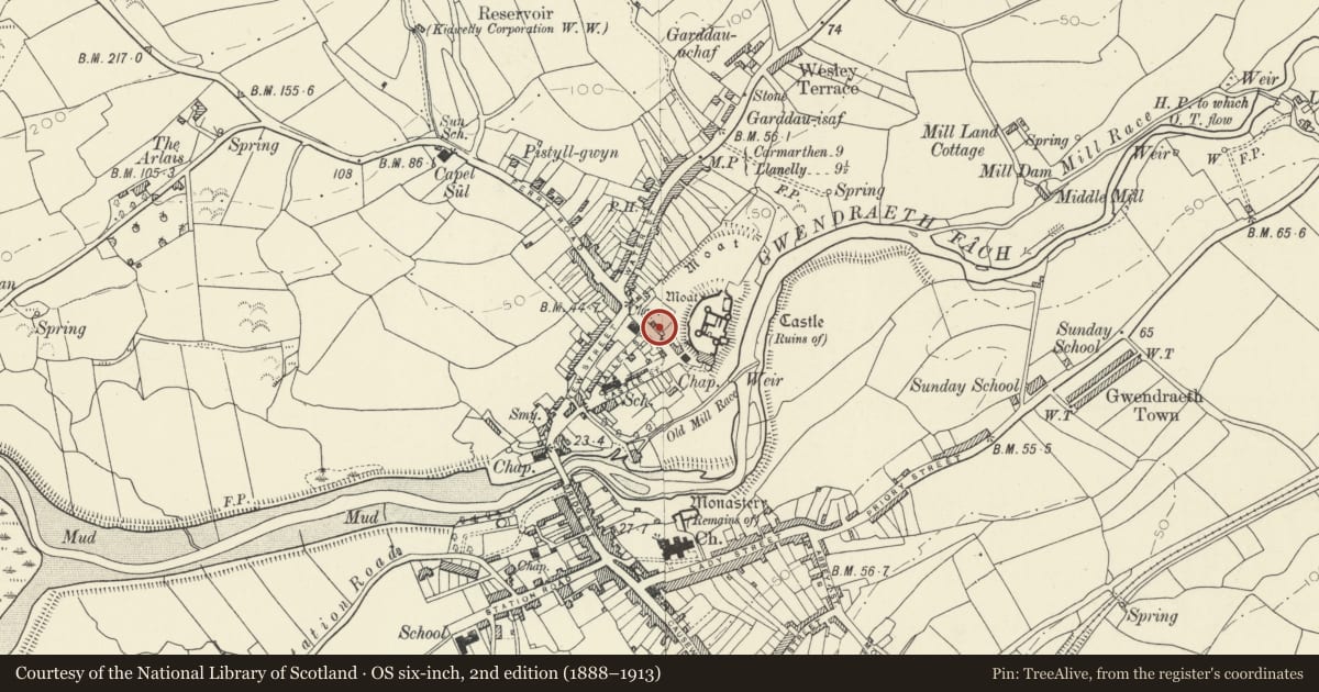 Ordnance Survey six-inch map, 2nd edition (1888–1913) covering the location of Kidwelly Medieval Town (Part of), Carmarthenshire, with a pin at the register's coordinates