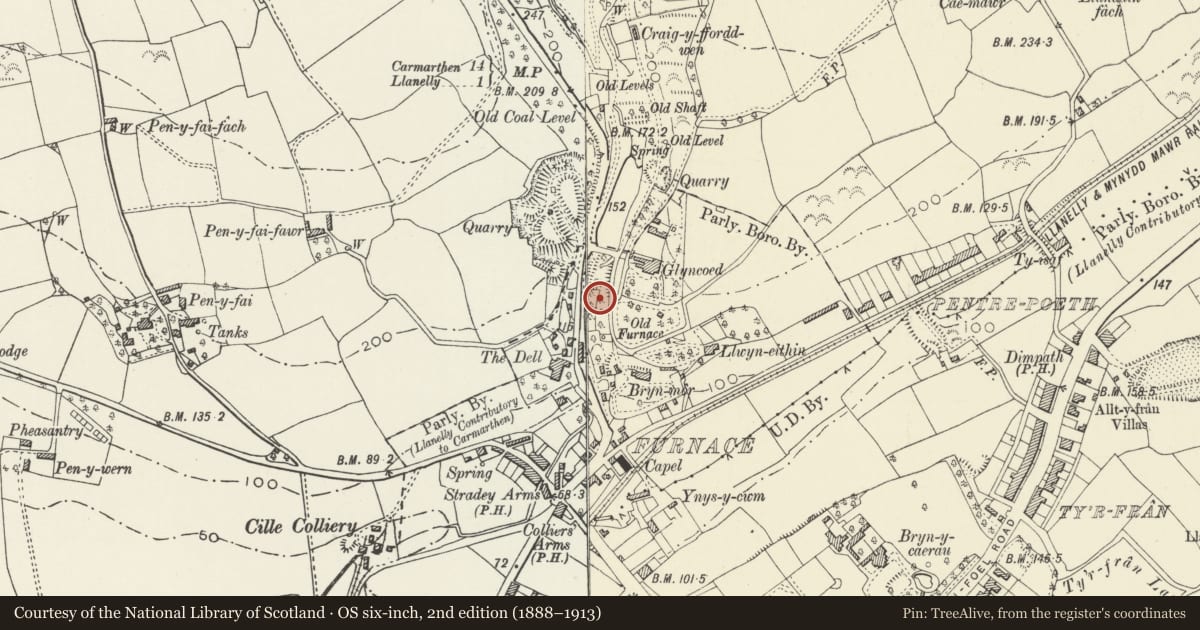 Ordnance Survey six-inch map, 2nd edition (1888–1913) covering the location of Raby's Furnace, Llanelli Rural, Carmarthenshire, with a pin at the register's coordinates