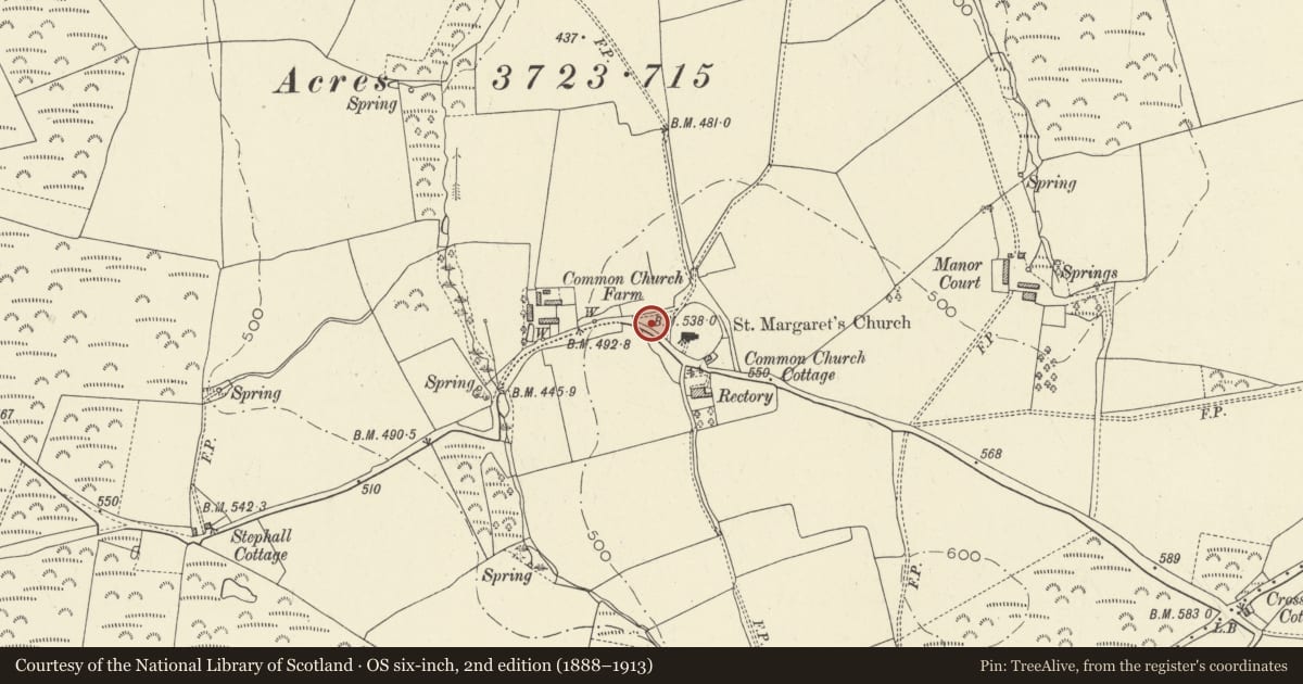Ordnance Survey six-inch map, 2nd edition (1888–1913) covering the location of Deserted Medieval Settlement, Eglwyscummin, Carmarthenshire, with a pin at the register's coordinates