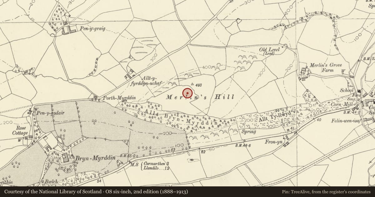 Ordnance Survey six-inch map, 2nd edition (1888–1913) covering the location of Merlins Hill Hillfort, Abergwili, Carmarthenshire, with a pin at the register's coordinates