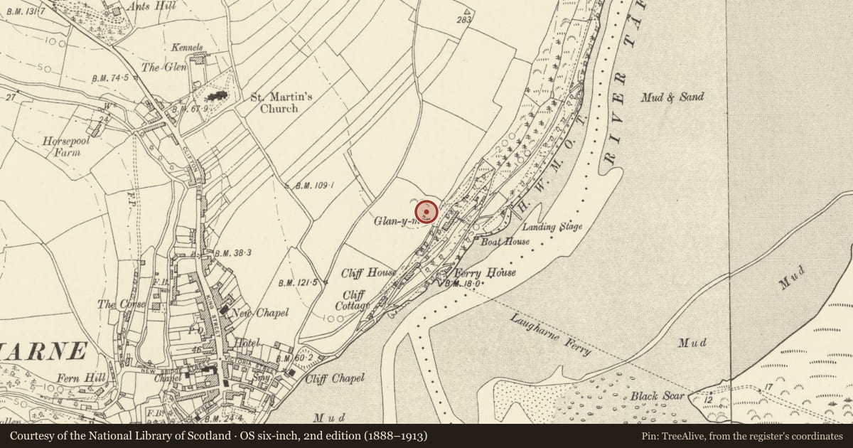 Ordnance Survey six-inch map, 2nd edition (1888–1913) covering the location of Hillslope Enclosure at Laugharne Park Holiday Village, Laugharne Township, Carmarthenshire, with a pin at the register's coordinates