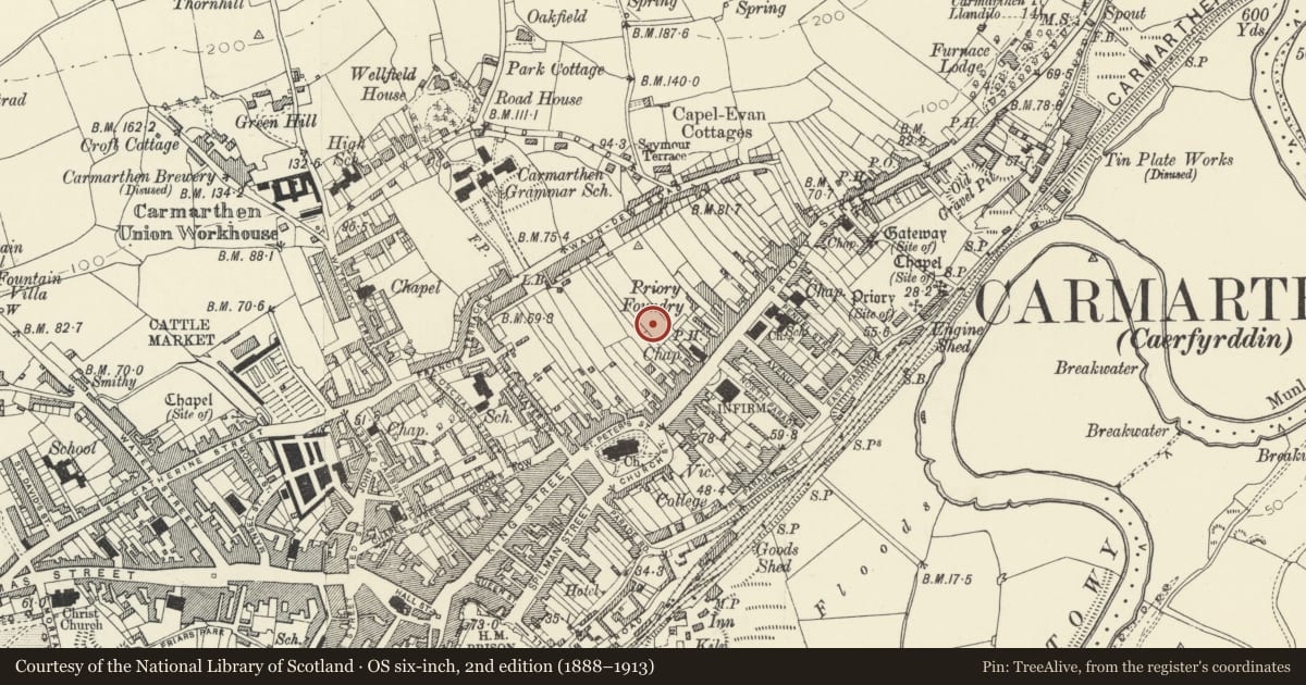 Ordnance Survey six-inch map, 2nd edition (1888–1913) covering the location of Carmarthen Roman Town (part of), Carmarthenshire, with a pin at the register's coordinates