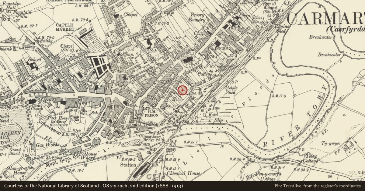 Ordnance Survey six-inch map, 2nd edition (1888–1913) covering the location of Carmarthen Roman Fort (part of), Carmarthenshire, with a pin at the register's coordinates