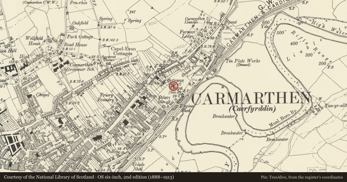 Ordnance Survey six-inch map, 2nd edition (1888–1913) covering the location of St John's Priory, Carmarthen, Carmarthenshire, with a pin at the register's coordinates